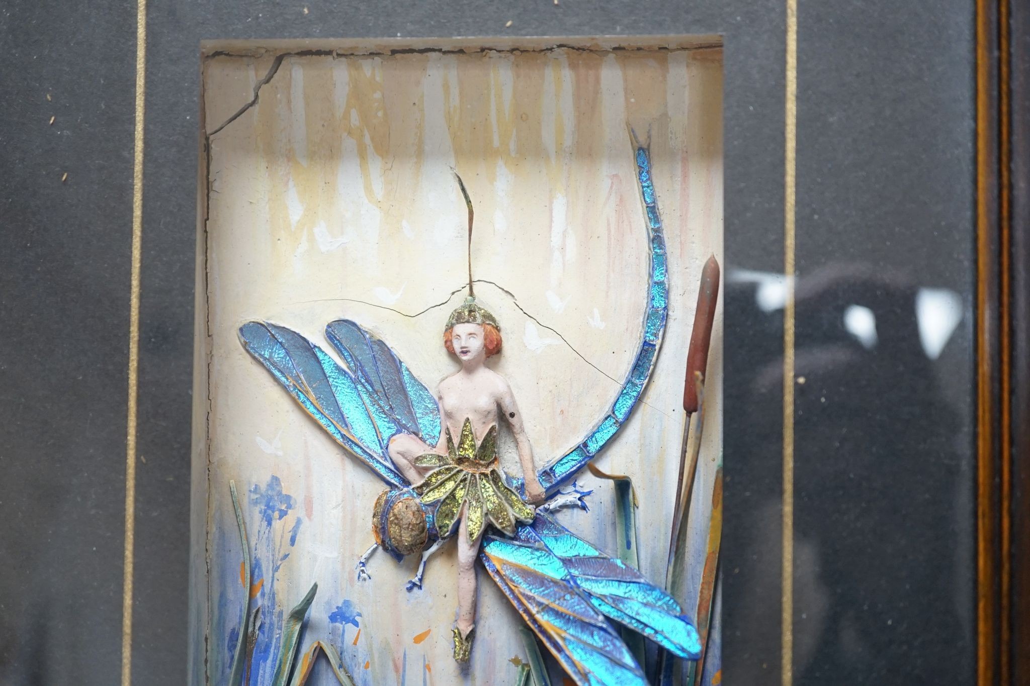 A pair of morpho butterfly wing nymph diorama, signed Gaydon King, Pat. App. For 19907/29, c.1930, 10.5 cms wide x 17.5 cms high. (not including mount or frame).